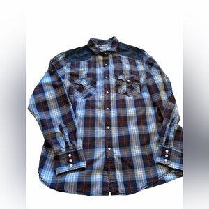 Wind River Plaid Western Style Denim Yokes-Modern Fit-Pearl Snaps-Size Large